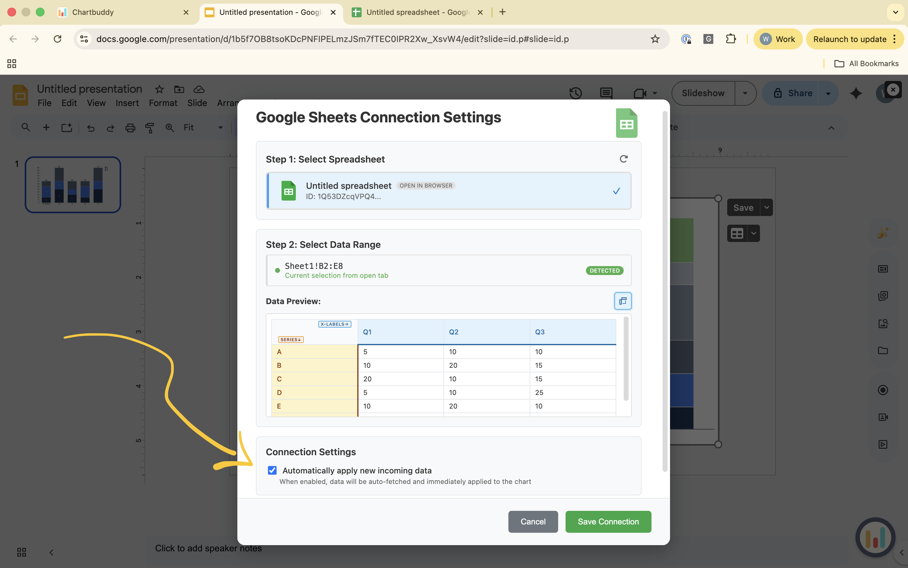 Sheet and range menu with the auto-update toggle visible